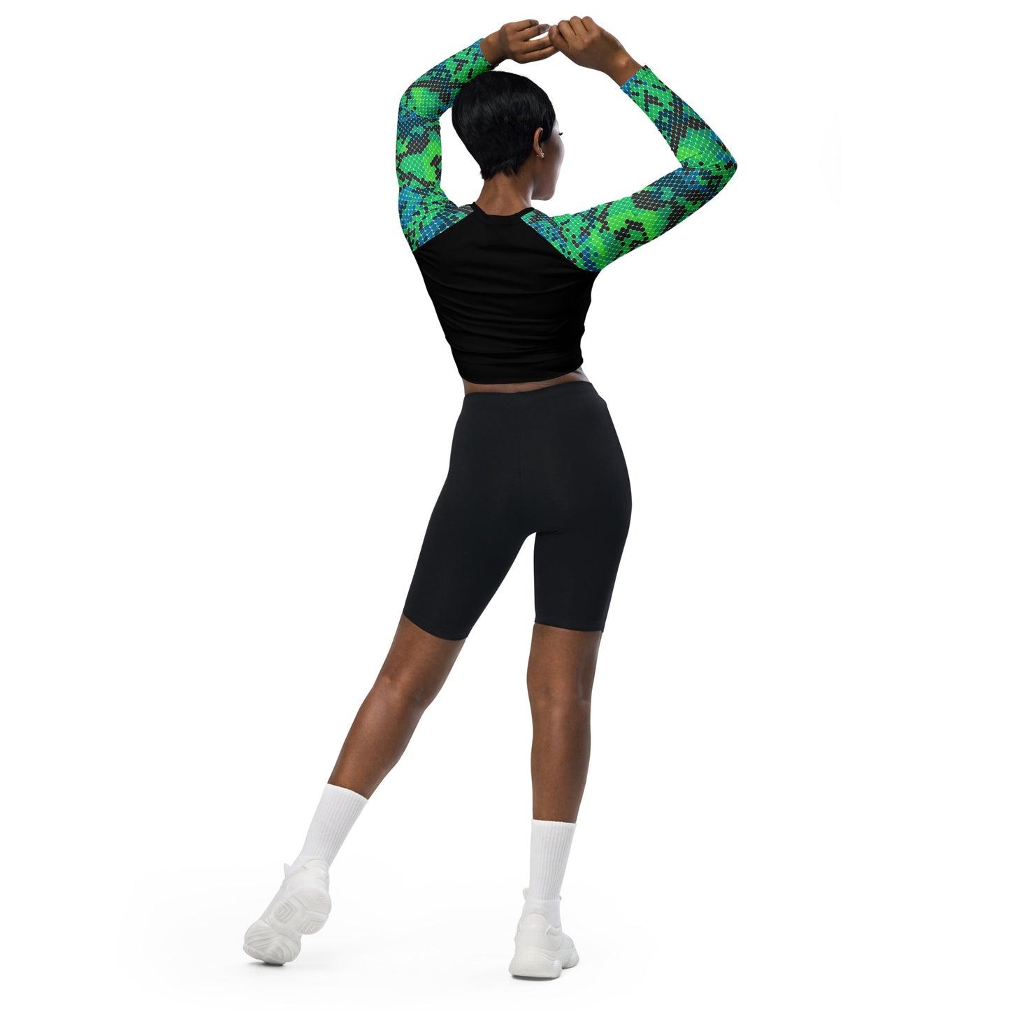 Green Snake Skin Long-Sleeve Crop Top