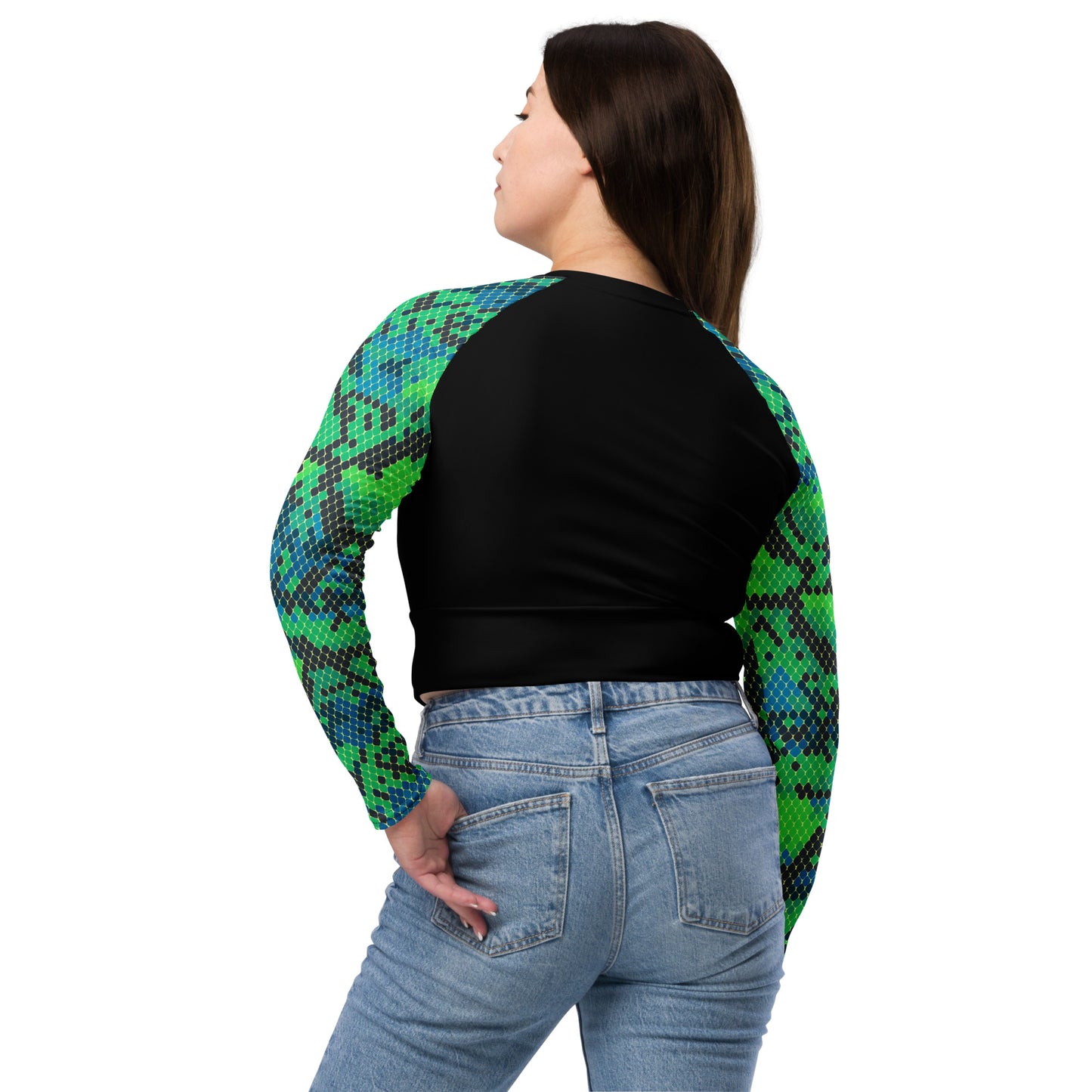 Green Snake Skin Long-Sleeve Crop Top