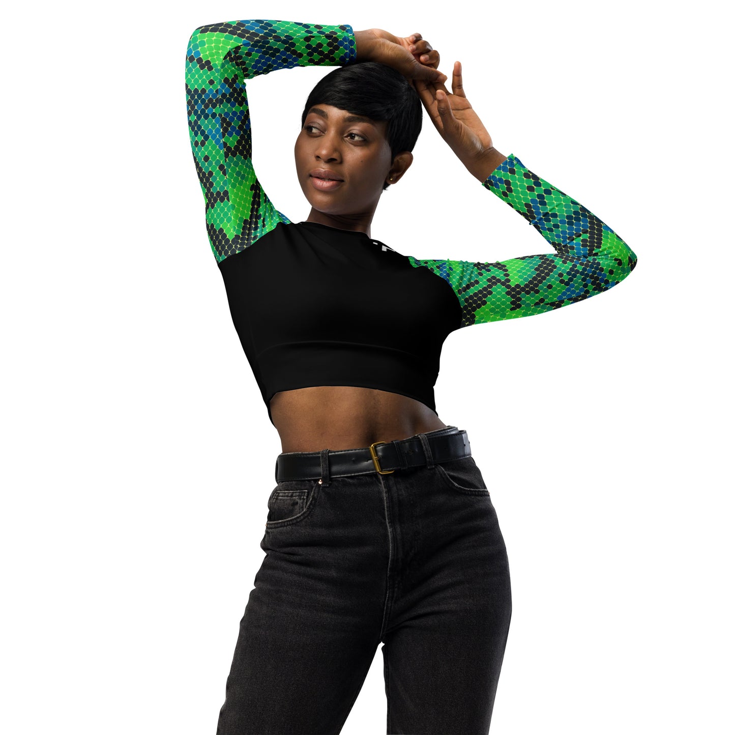 Green Snake Skin Long-Sleeve Crop Top