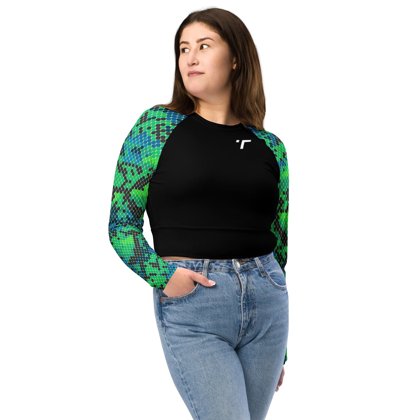 Green Snake Skin Long-Sleeve Crop Top