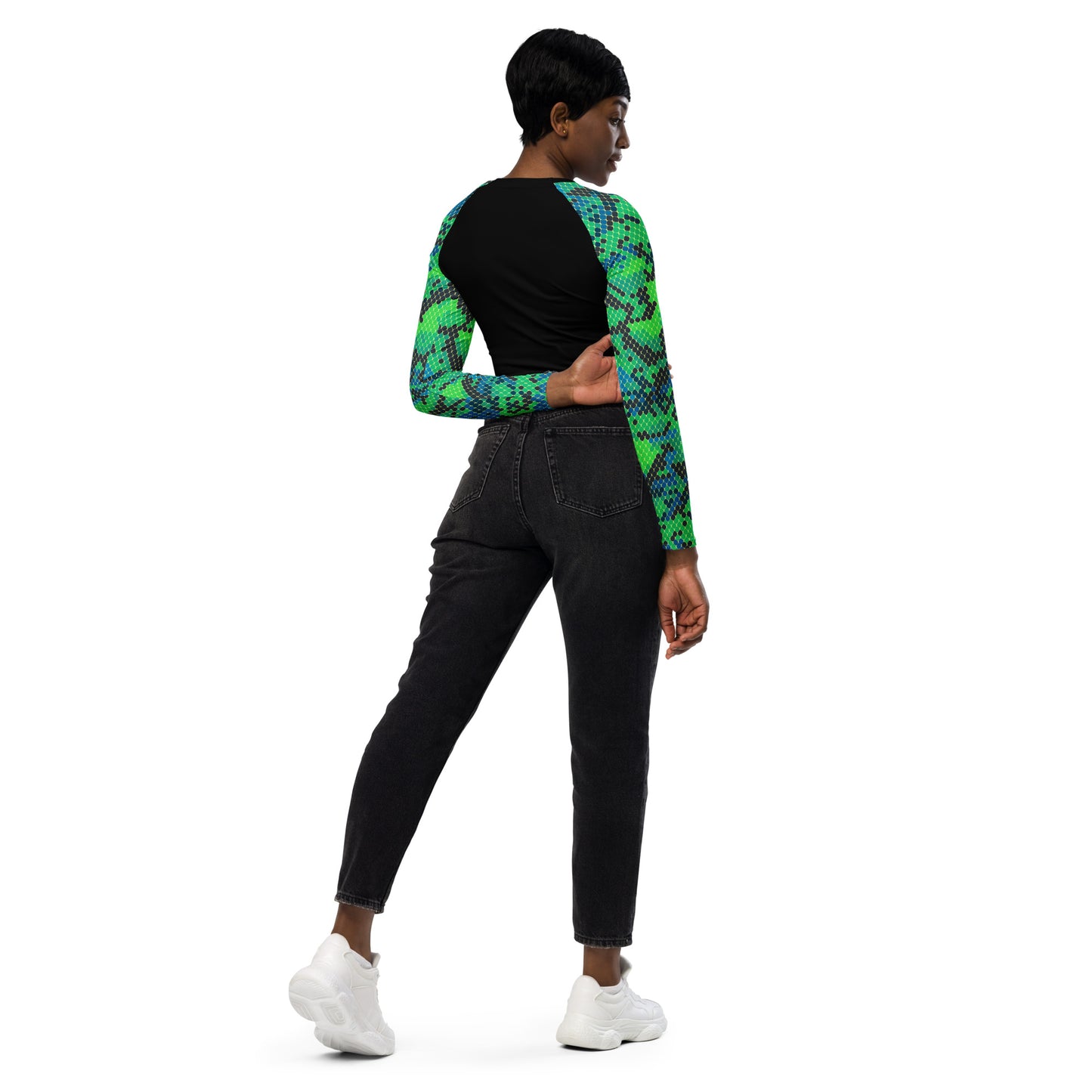 Green Snake Skin Long-Sleeve Crop Top